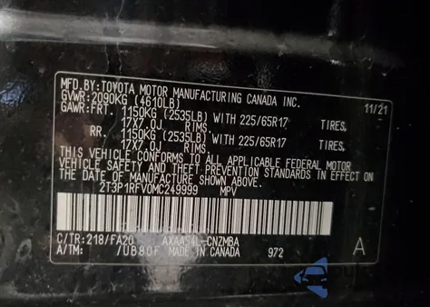 2021 Toyota Rav4 Xle z USA, uszkodzony, nr VIN 2T3P1RFV0MC249999